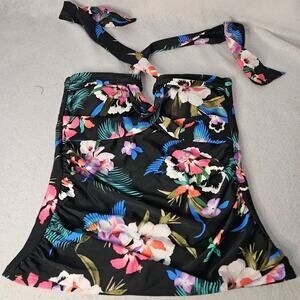 LEILANI Sz 8 Black Floral Tankini top Tropical Halter Ruched Front Tie Hibiscus